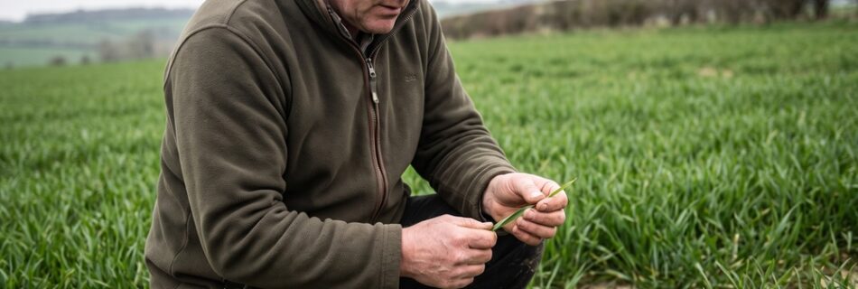 AI-generated editorial illustration: a farmer crouched at the edge of a green winter wheat crop in spring, inspecting a leaf, with cracked dry soil between the rows