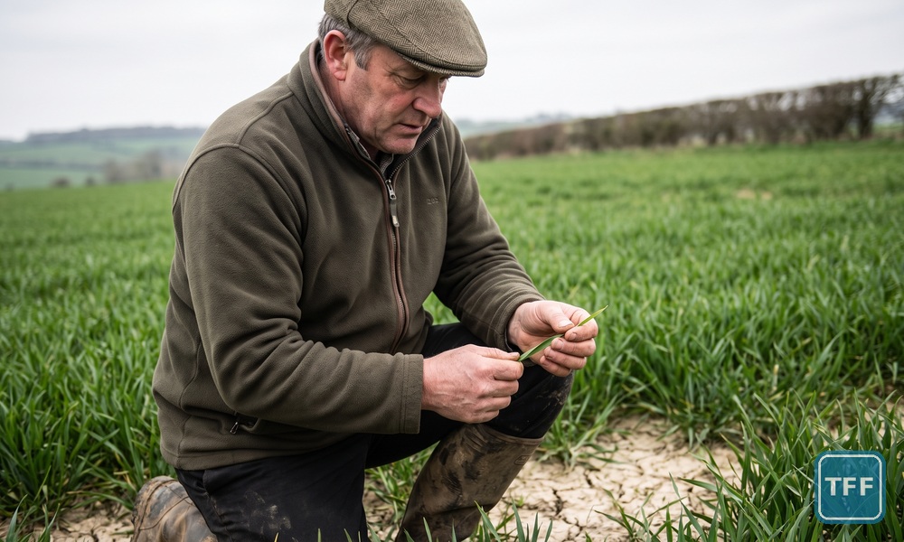 AI-generated editorial illustration: a farmer crouched at the edge of a green winter wheat crop in spring, inspecting a leaf, with cracked dry soil between the rows