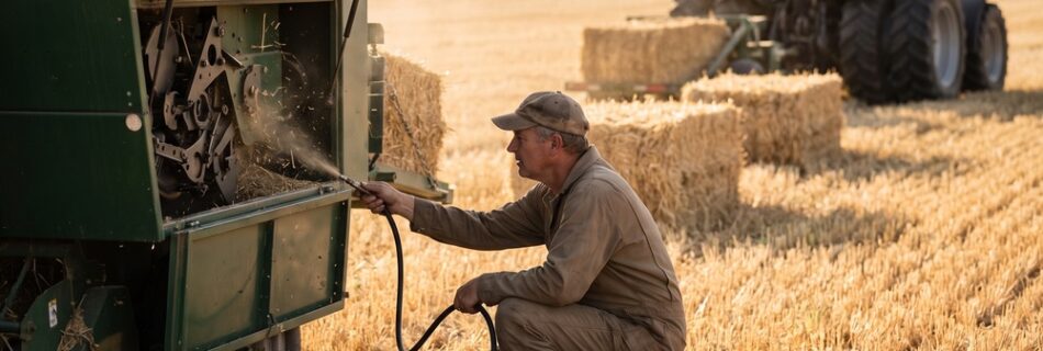 AI-generated editorial illustration of a farmer blowing chaff from the knotters of a plain green big square baler in a dry stubble field, square bales and a tractor behind