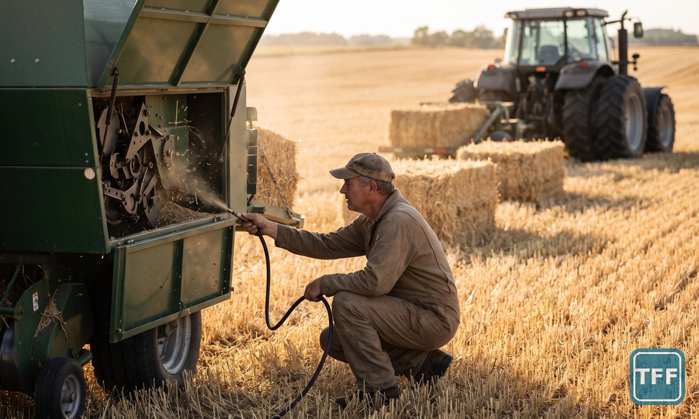 AI-generated editorial illustration of a farmer blowing chaff from the knotters of a plain green big square baler in a dry stubble field, square bales and a tractor behind