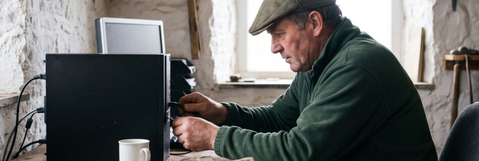 A farmer in a flat cap connects a cable to a plain desktop computer tower on a wooden desk in a whitewashed stone farm office