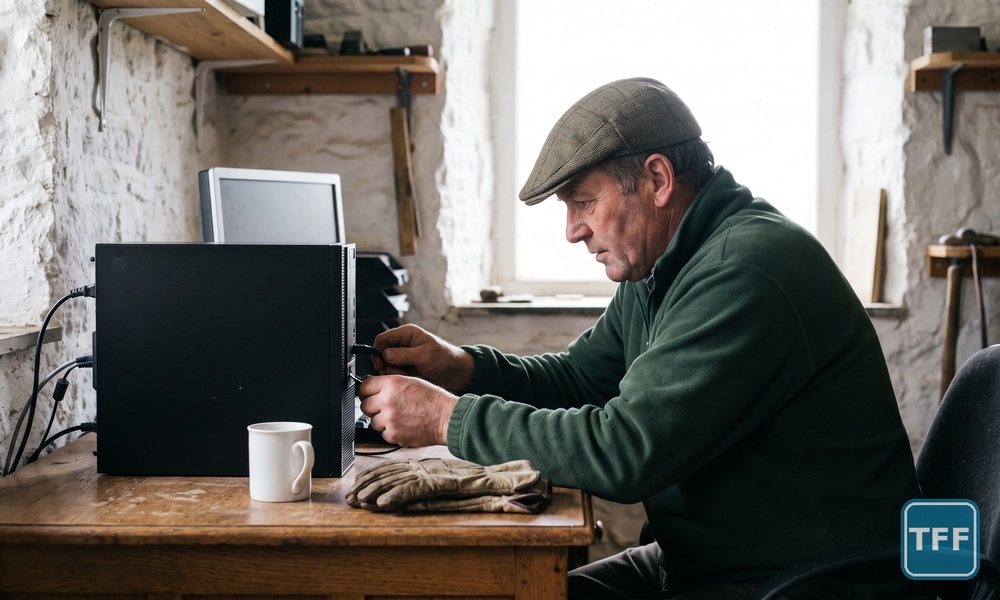 A farmer in a flat cap connects a cable to a plain desktop computer tower on a wooden desk in a whitewashed stone farm office