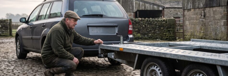 AI-generated editorial illustration of a farmer in a flat cap crouching to check the tow hitch between a plain grey 4x4 estate car and an empty tri axle flatbed trailer in a cobbled stone farmyard