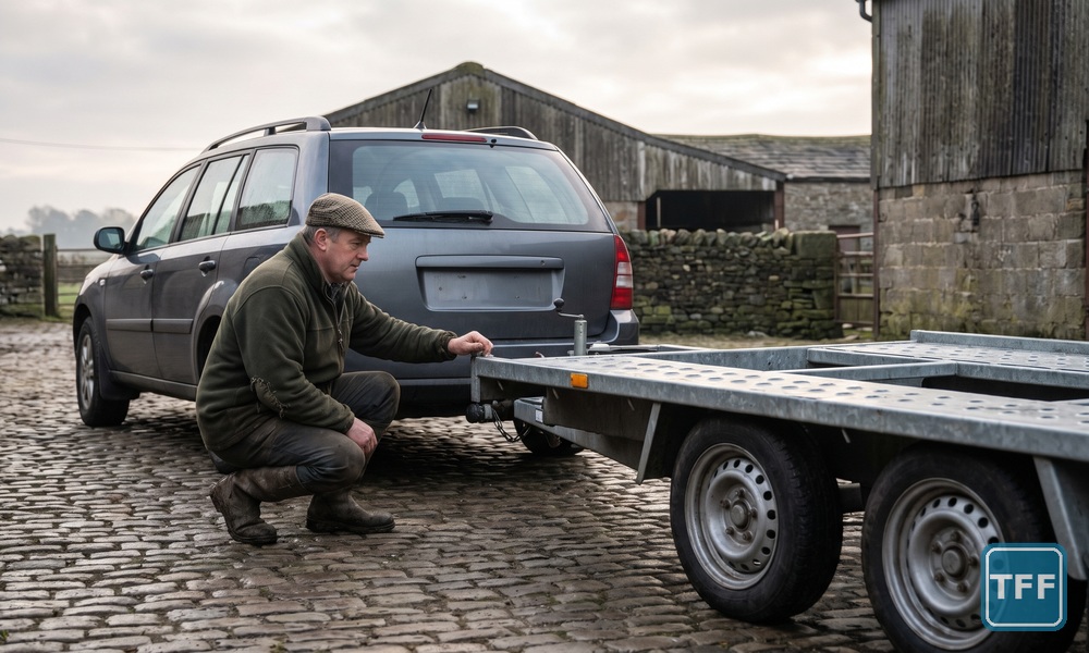 AI-generated editorial illustration of a farmer in a flat cap crouching to check the tow hitch between a plain grey 4x4 estate car and an empty tri axle flatbed trailer in a cobbled stone farmyard