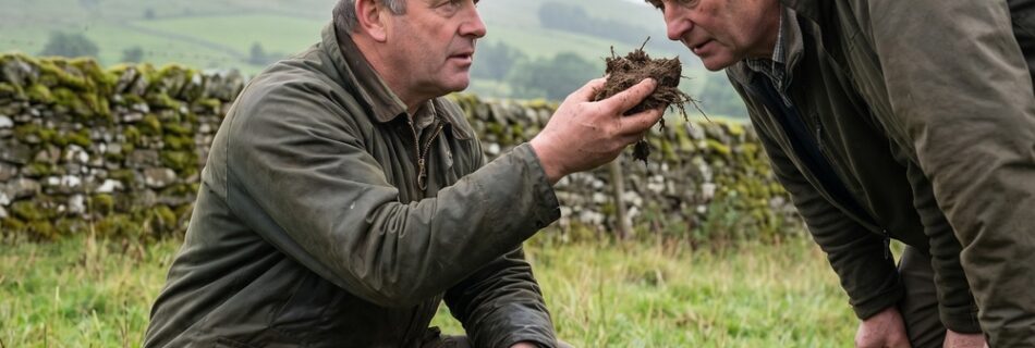 AI-generated editorial illustration: a farmer crouching in pasture holds up a handful of soil to two other farmers on a farm walk beside a drystone wall
