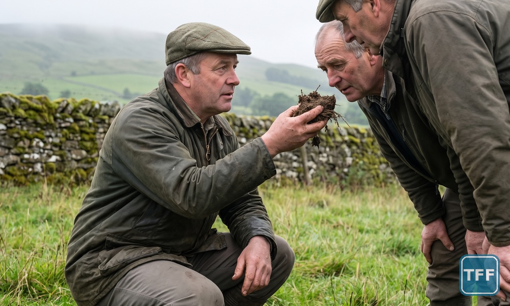 AI-generated editorial illustration: a farmer crouching in pasture holds up a handful of soil to two other farmers on a farm walk beside a drystone wall