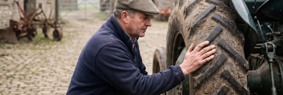 A farmer in a flat cap crouches beside the rear tyre of a used dark green tractor in a cobbled stone farmyard, checking the machine over