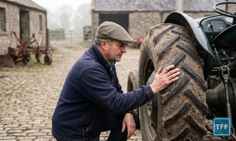 A farmer in a flat cap crouches beside the rear tyre of a used dark green tractor in a cobbled stone farmyard, checking the machine over