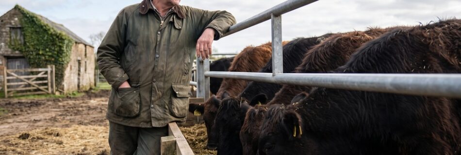 AI-generated editorial illustration: a beef farmer with his hands in his jacket pockets leaning on a cattle pen rail, watching dark store cattle feed in a spring farmyard