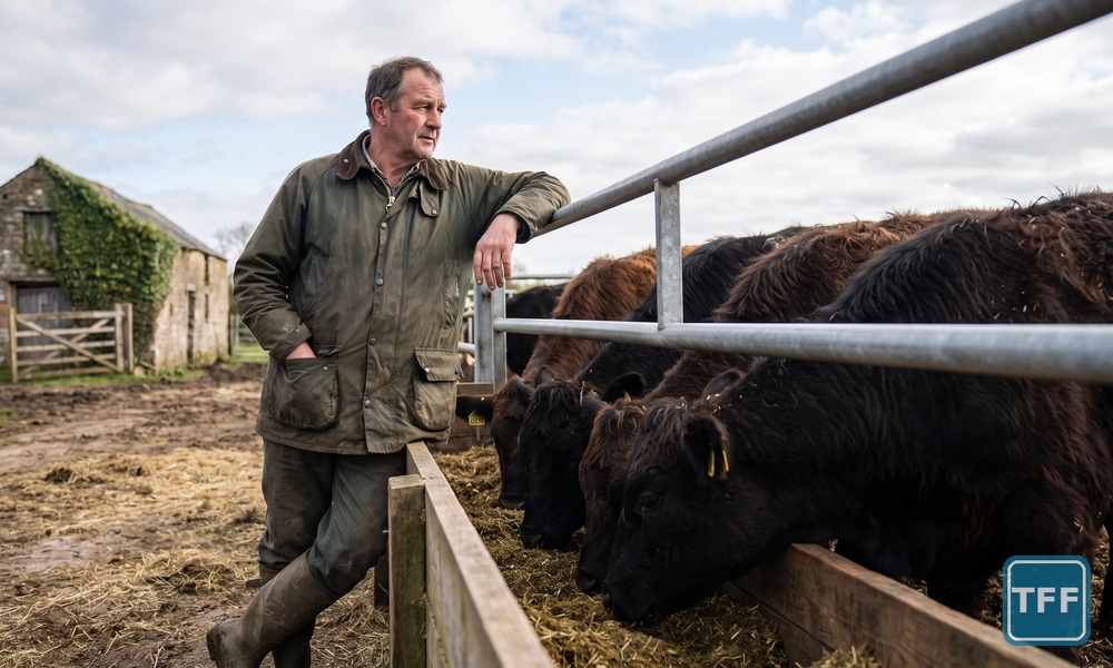 AI-generated editorial illustration: a beef farmer with his hands in his jacket pockets leaning on a cattle pen rail, watching dark store cattle feed in a spring farmyard