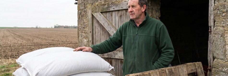 AI-generated editorial illustration: a farmer stands at a stone barn doorway with a hand on a stack of plain white fertiliser bags, looking out over a bare spring field