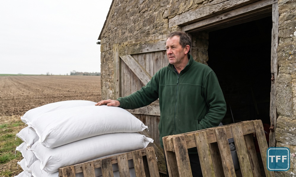 AI-generated editorial illustration: a farmer stands at a stone barn doorway with a hand on a stack of plain white fertiliser bags, looking out over a bare spring field