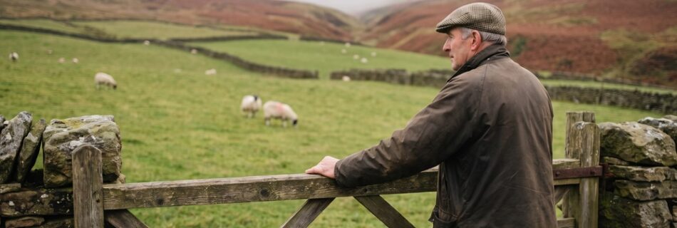 AI-generated editorial illustration: a hill farmer at a wooden field gate in a drystone wall, looking from walled pasture with hill ewes towards misty heather moorland