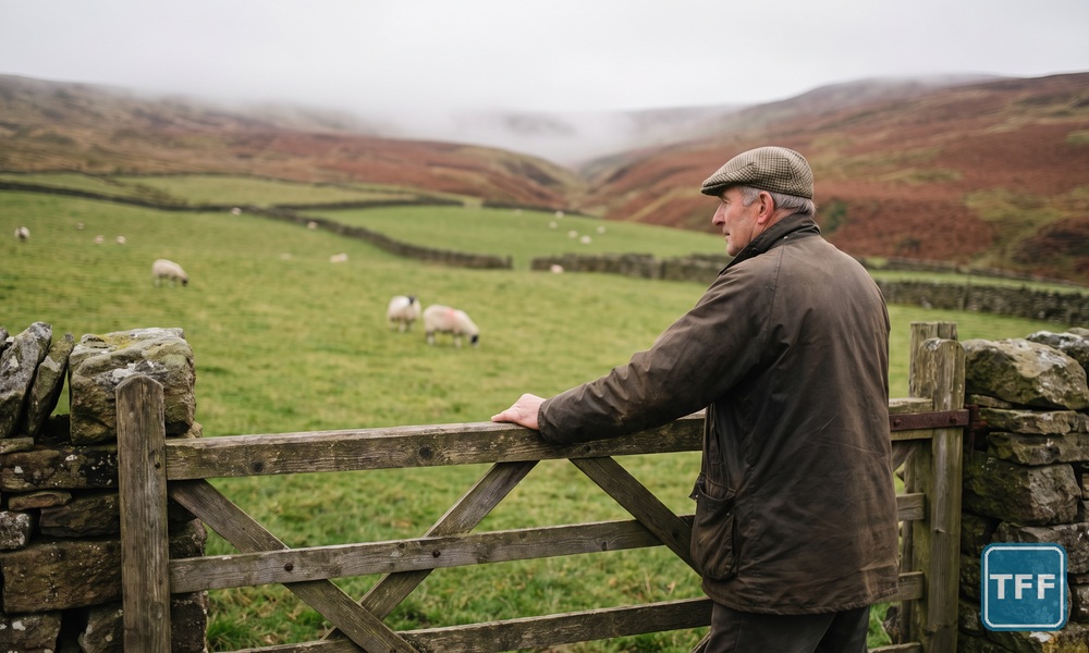 AI-generated editorial illustration: a hill farmer at a wooden field gate in a drystone wall, looking from walled pasture with hill ewes towards misty heather moorland
