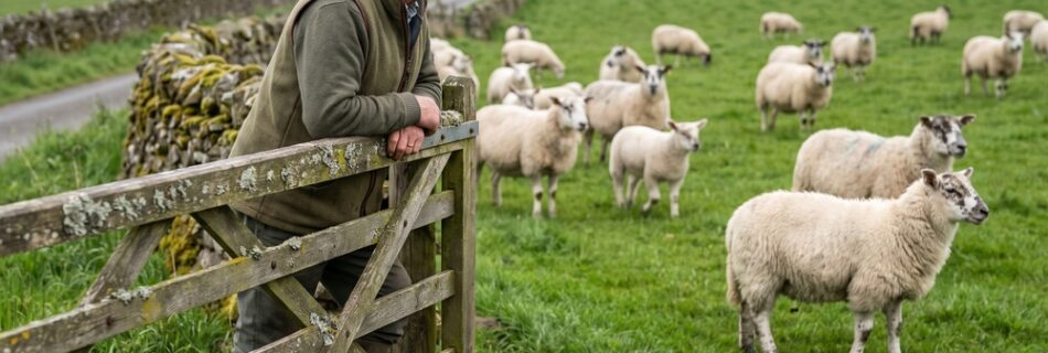 A shepherd in a gilet and flat cap leans on a wooden field gate watching speckle-faced crossbred ewes and lambs on spring pasture