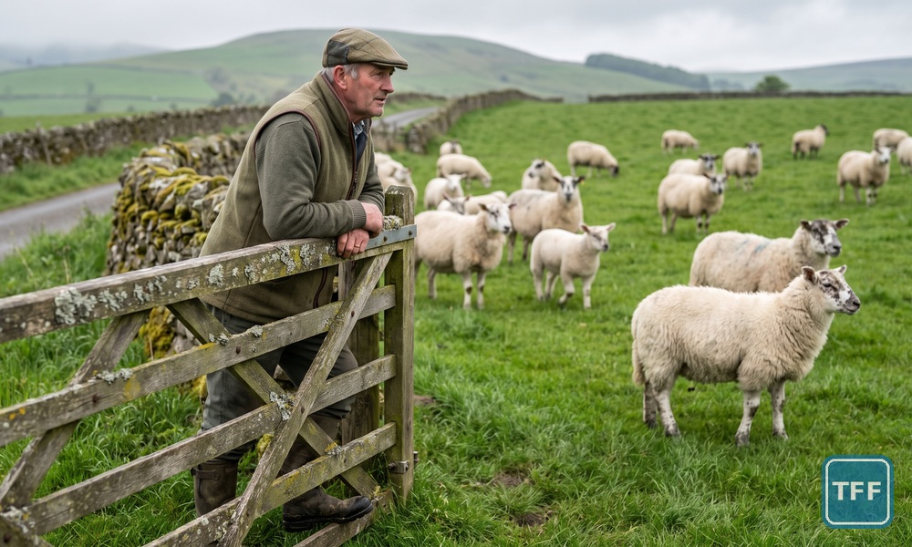 A shepherd in a gilet and flat cap leans on a wooden field gate watching speckle-faced crossbred ewes and lambs on spring pasture