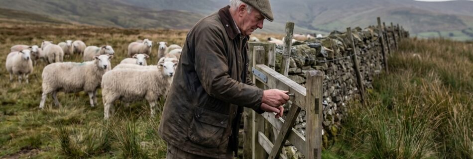 AI-generated editorial illustration of a hill farmer in a waxed jacket closing a wooden field gate by a drystone wall, hardy white-faced hill ewes grazing moorland pasture beyond