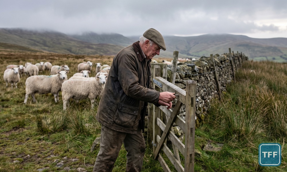 AI-generated editorial illustration of a hill farmer in a waxed jacket closing a wooden field gate by a drystone wall, hardy white-faced hill ewes grazing moorland pasture beyond