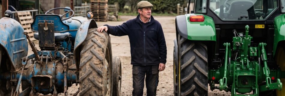 AI-generated editorial illustration: a farmer in a dealer yard stands between an older work-worn blue tractor and a brand new green tractor, both seen from the rear