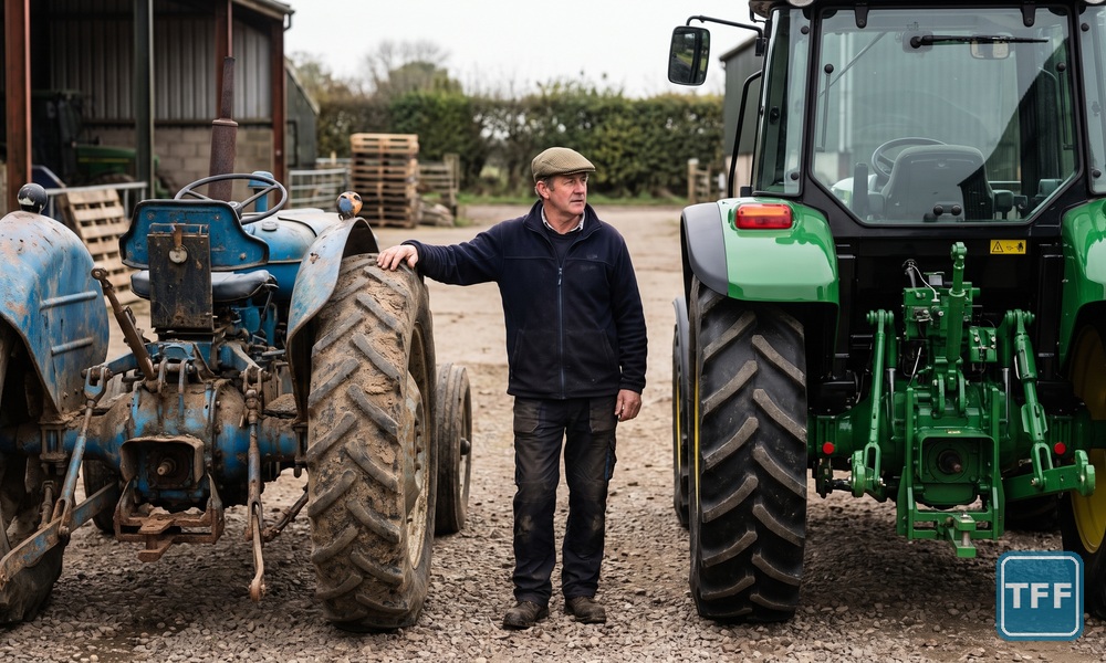 AI-generated editorial illustration: a farmer in a dealer yard stands between an older work-worn blue tractor and a brand new green tractor, both seen from the rear