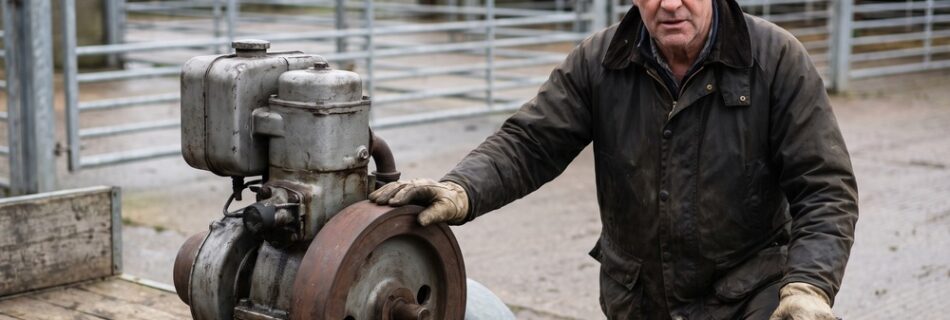 AI-generated editorial illustration of a farmer examining an old stationary engine on a trailer in an auction yard