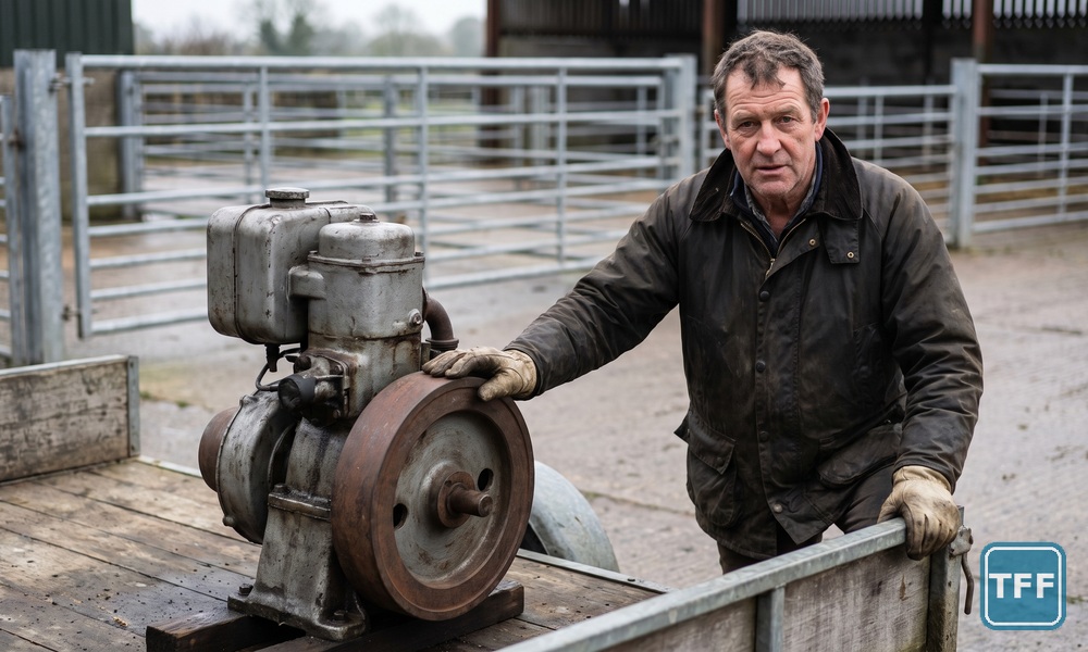 AI-generated editorial illustration of a farmer examining an old stationary engine on a trailer in an auction yard