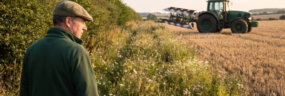 A farmer in a flat cap looks along a flowering field margin beside a hedge, with a tractor and plough parked on the stubble beyond