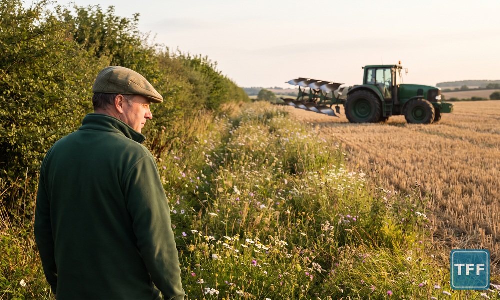 A farmer in a flat cap looks along a flowering field margin beside a hedge, with a tractor and plough parked on the stubble beyond