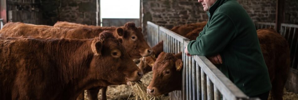 AI-generated editorial illustration: a suckler farmer leans on a feed barrier in a stone cattle shed as russet suckler cows eat stemmy silage