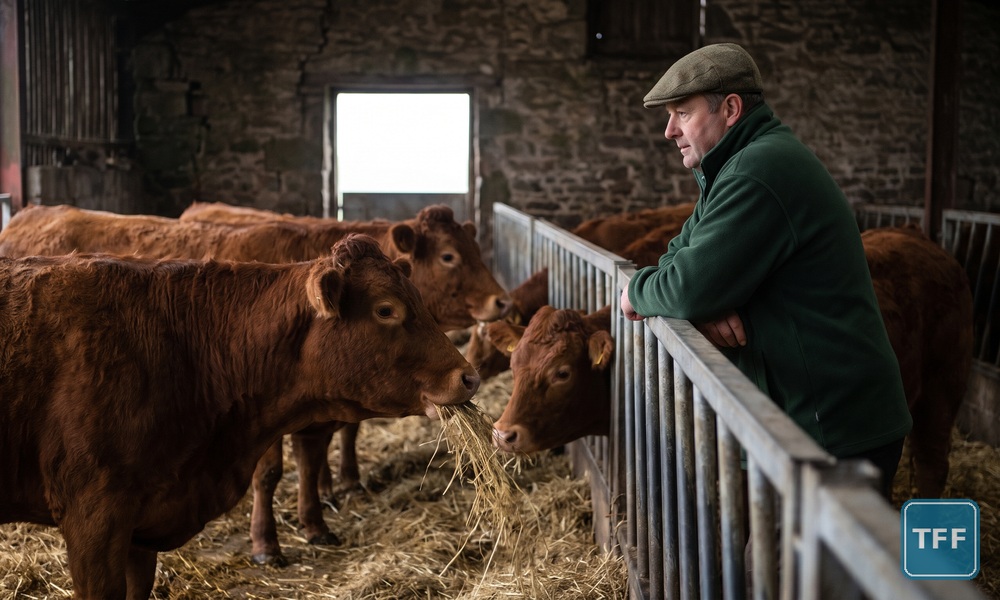 AI-generated editorial illustration: a suckler farmer leans on a feed barrier in a stone cattle shed as russet suckler cows eat stemmy silage
