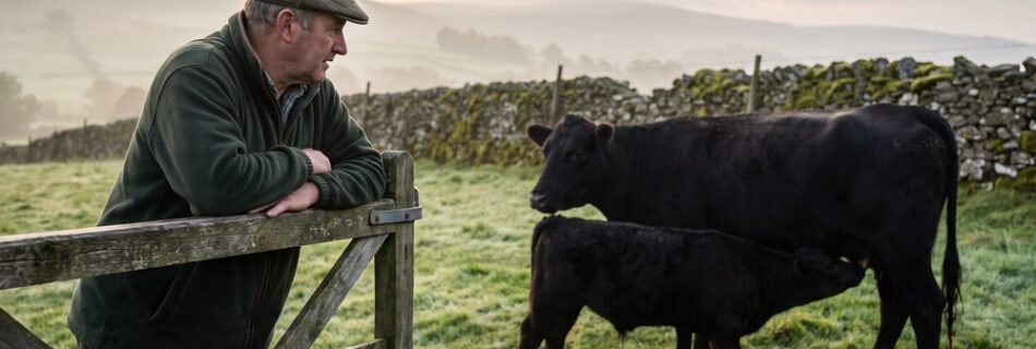 AI-generated editorial illustration: a farmer leans on a field gate at first light watching a newborn black calf suckle from its suckler cow
