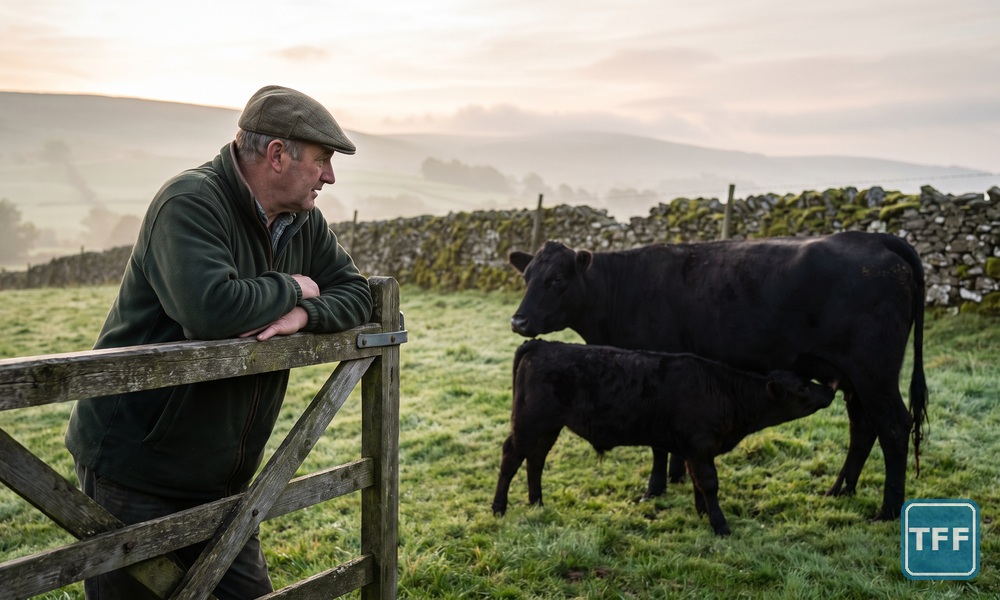 AI-generated editorial illustration: a farmer leans on a field gate at first light watching a newborn black calf suckle from its suckler cow