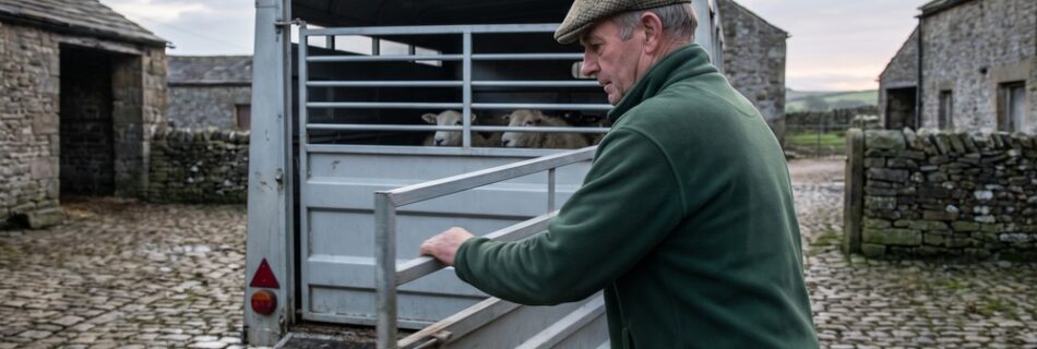 AI-generated editorial illustration: a farmer in a flat cap closes the rear slam gate of a plain grey livestock trailer loaded with ewes in a stone farmyard at first light