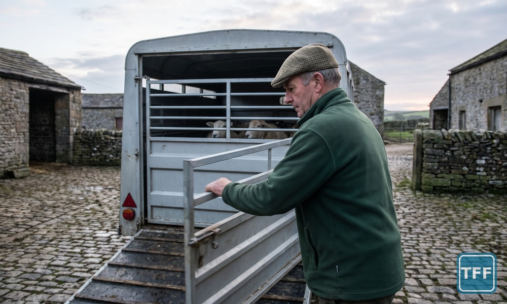AI-generated editorial illustration: a farmer in a flat cap closes the rear slam gate of a plain grey livestock trailer loaded with ewes in a stone farmyard at first light